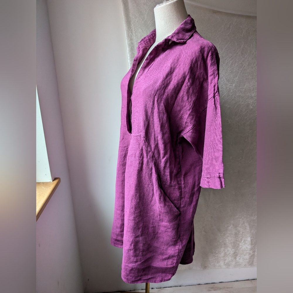 Italian Linen Purple Pocket Dress Half Sleeve Collared V-neck